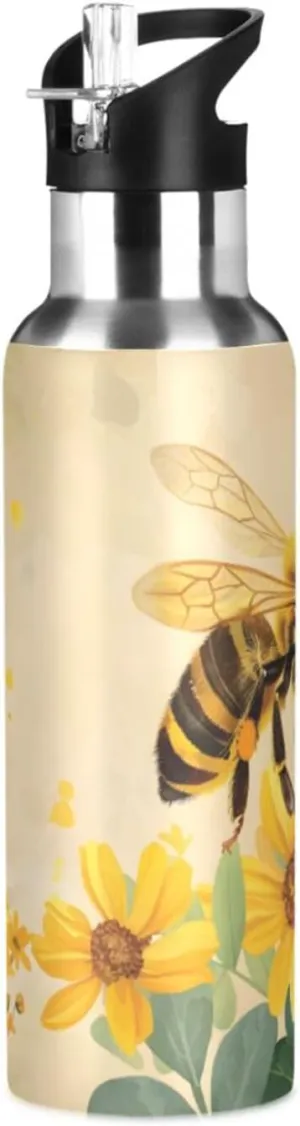 senya 20 Oz Water Bottle with Straw Vintage Flower Honey Bee Stainless Steel Water Bottle for Traveling Sports Leakproof Insulated