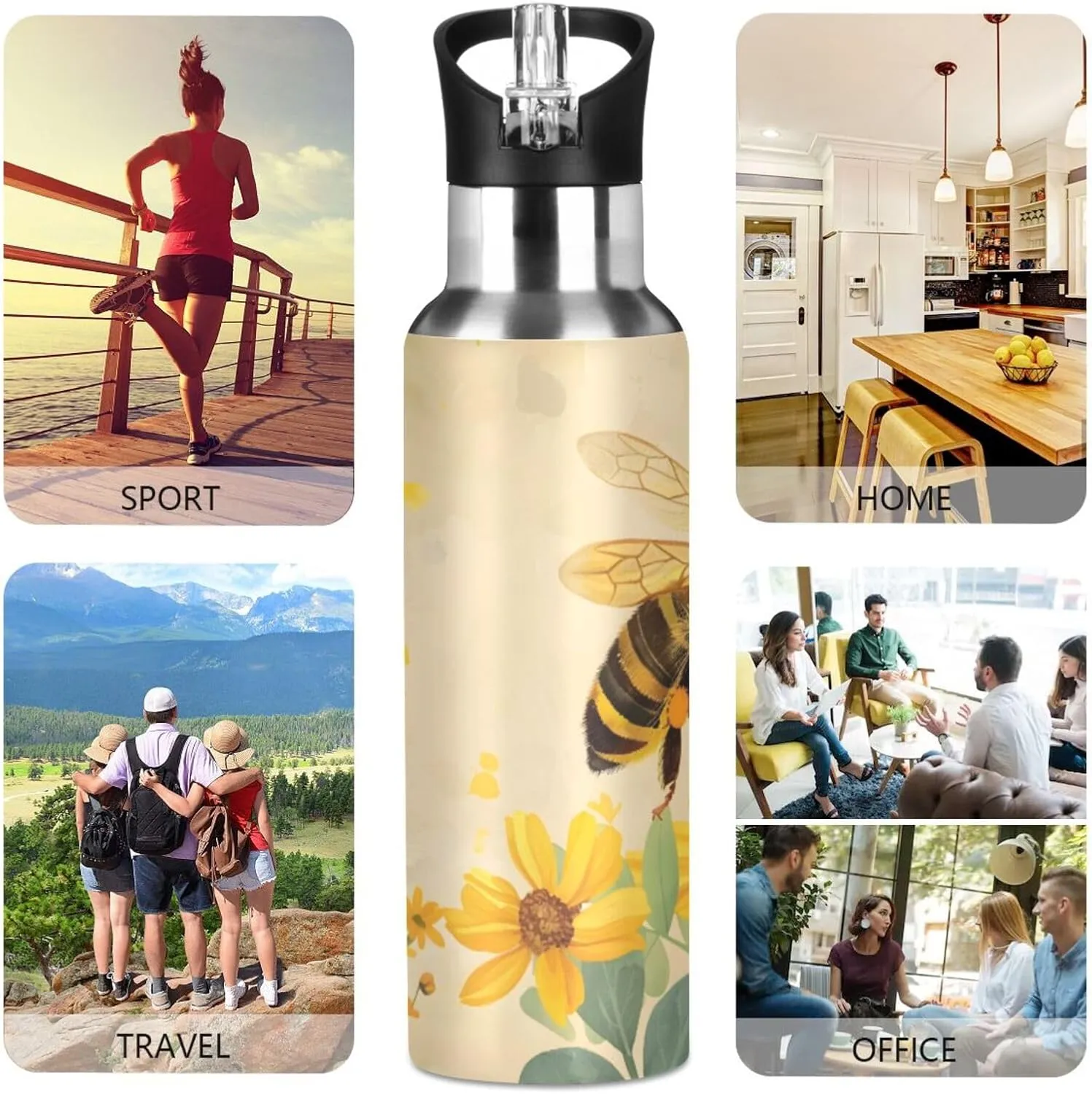 senya 20 Oz Water Bottle with Straw Vintage Flower Honey Bee Stainless Steel Water Bottle for Traveling Sports Leakproof Insulated