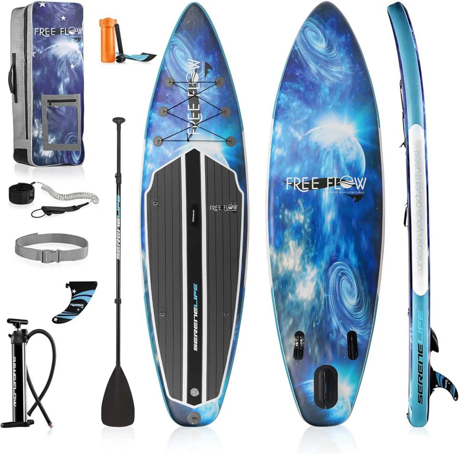 SereneLife Inflatable Stand Up Paddle Board with Premium SUP Accessories – Wide Stable Design with Non-Slip EVA Deck Pad for Adults and Youth of All Skill Levels, 350 lbs Capacity