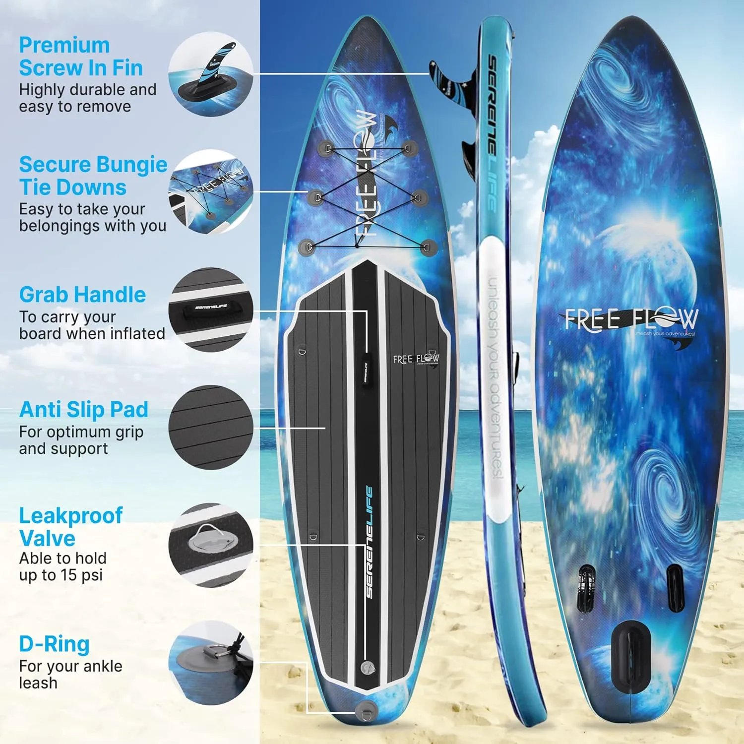 SereneLife Inflatable Stand Up Paddle Board with Premium SUP Accessories – Wide Stable Design with Non-Slip EVA Deck Pad for Adults and Youth of All Skill Levels, 350 lbs Capacity