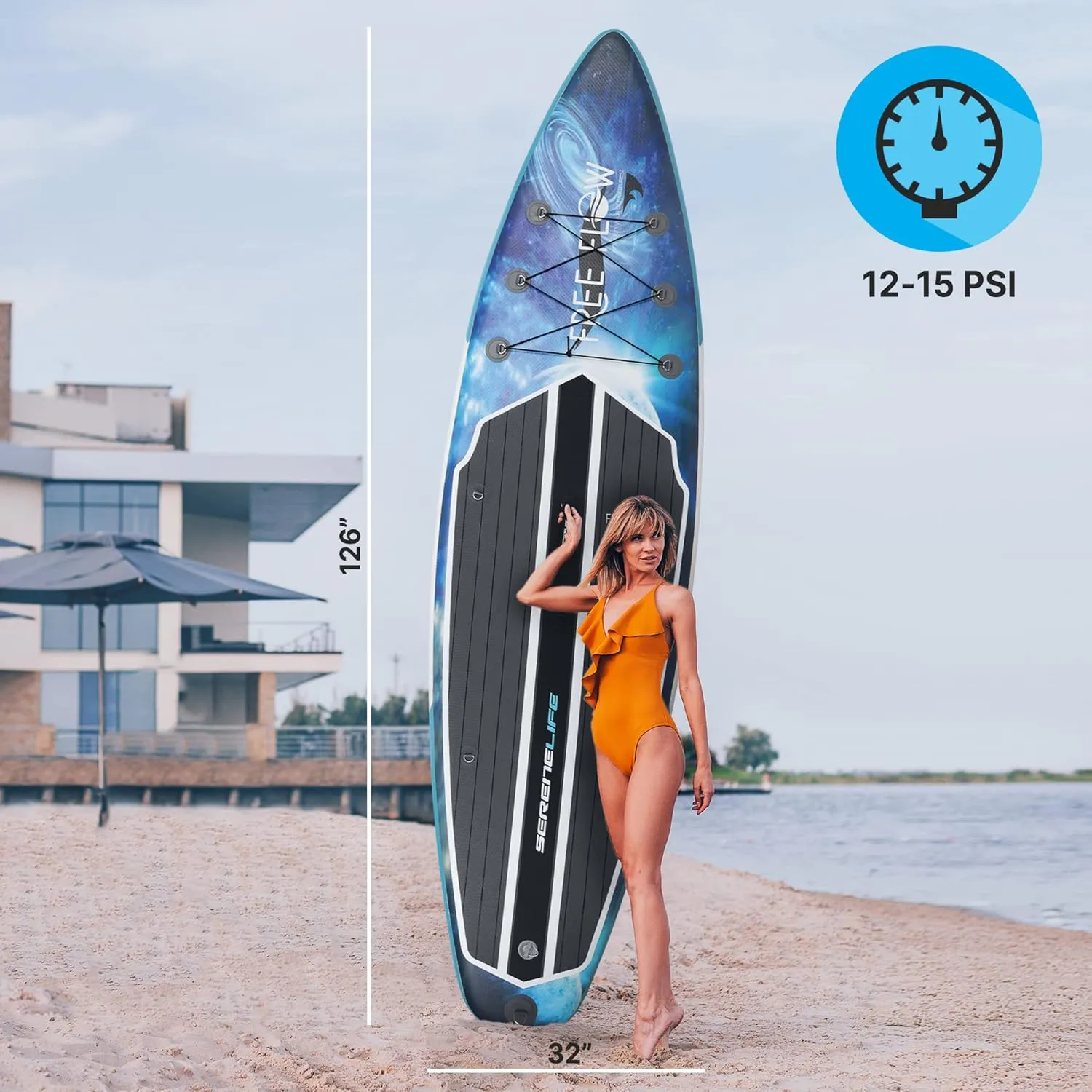 SereneLife Inflatable Stand Up Paddle Board with Premium SUP Accessories – Wide Stable Design with Non-Slip EVA Deck Pad for Adults and Youth of All Skill Levels, 350 lbs Capacity