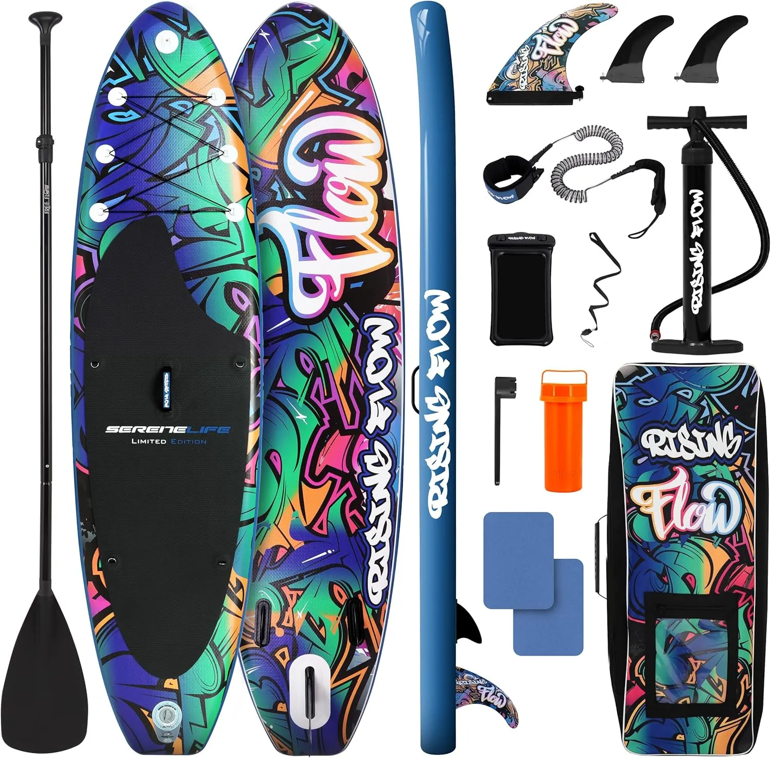 SereneLife Inflatable Stand Up Paddle Board with Premium SUP Accessories – Wide Stable Design with Non-Slip EVA Deck Pad for Adults and Youth of All Skill Levels, 350 lbs Capacity
