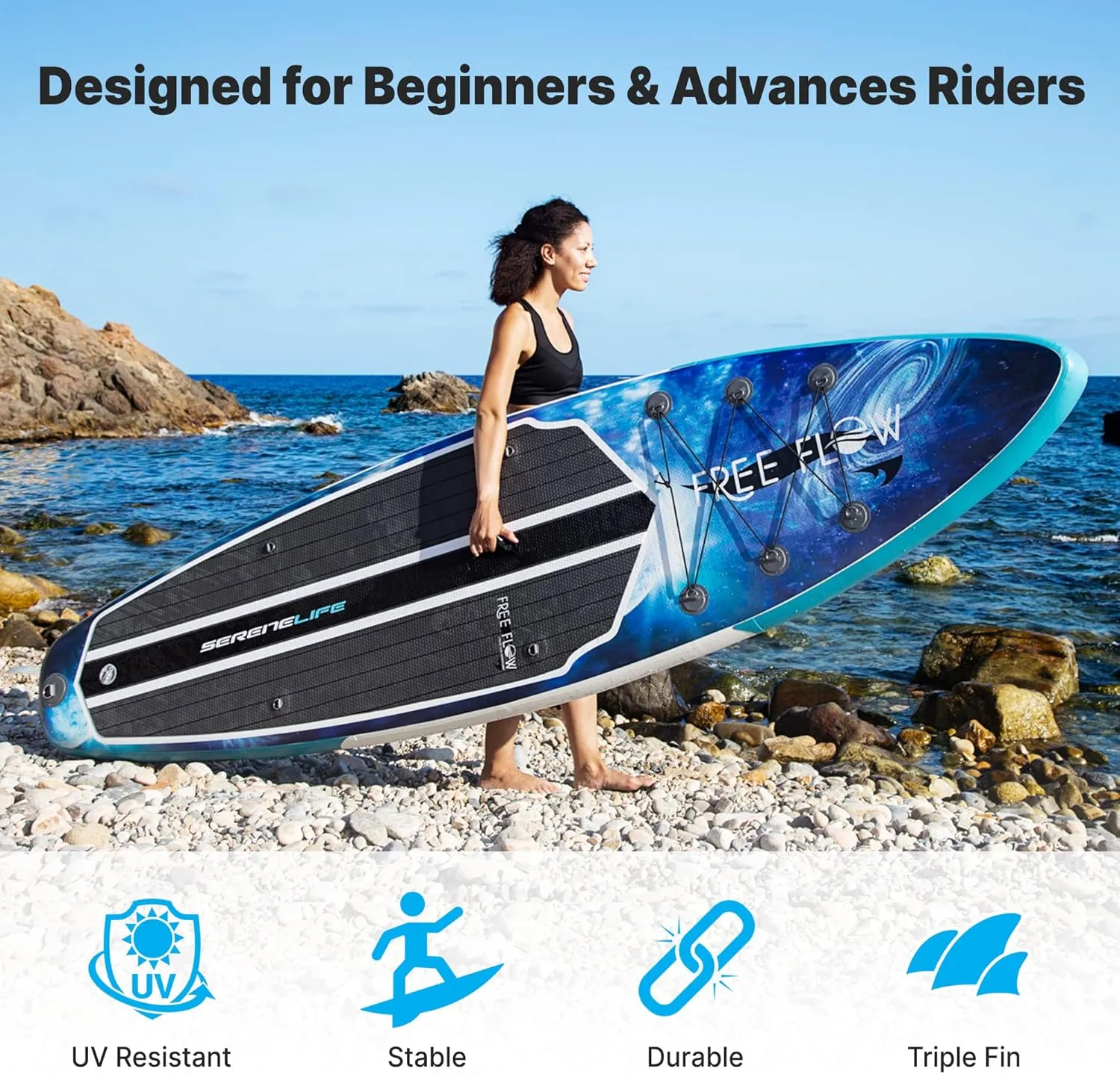 SereneLife Inflatable Stand Up Paddle Board with Premium SUP Accessories – Wide Stable Design with Non-Slip EVA Deck Pad for Adults and Youth of All Skill Levels, 350 lbs Capacity