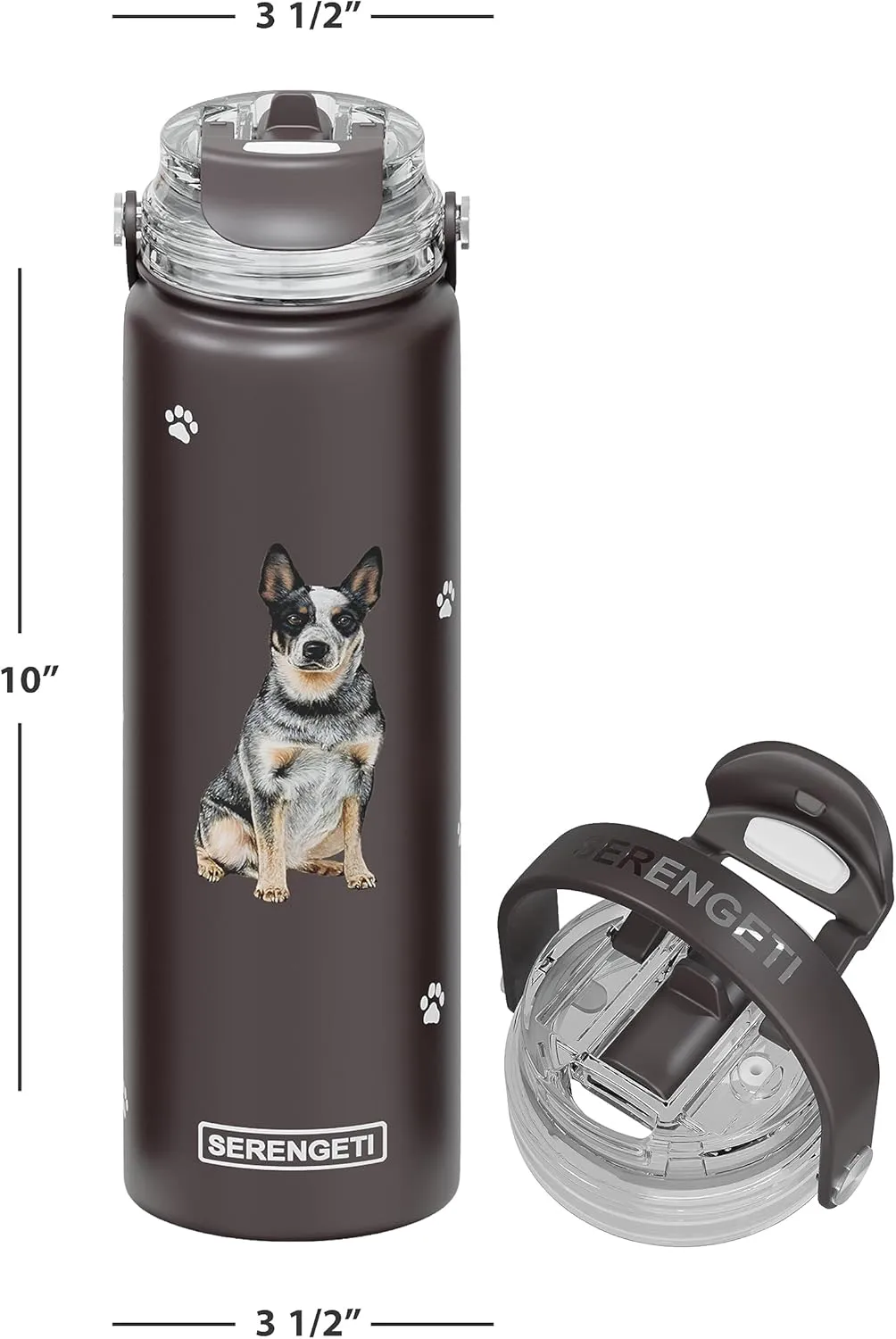 SERENGETI 24 Oz Water Bottle Stainless Steel with Spill Proof Lid - Double walled Vacuum Insulated water flask - Realistic 3D Print of your favorite dog (Australian Cattle Dog)