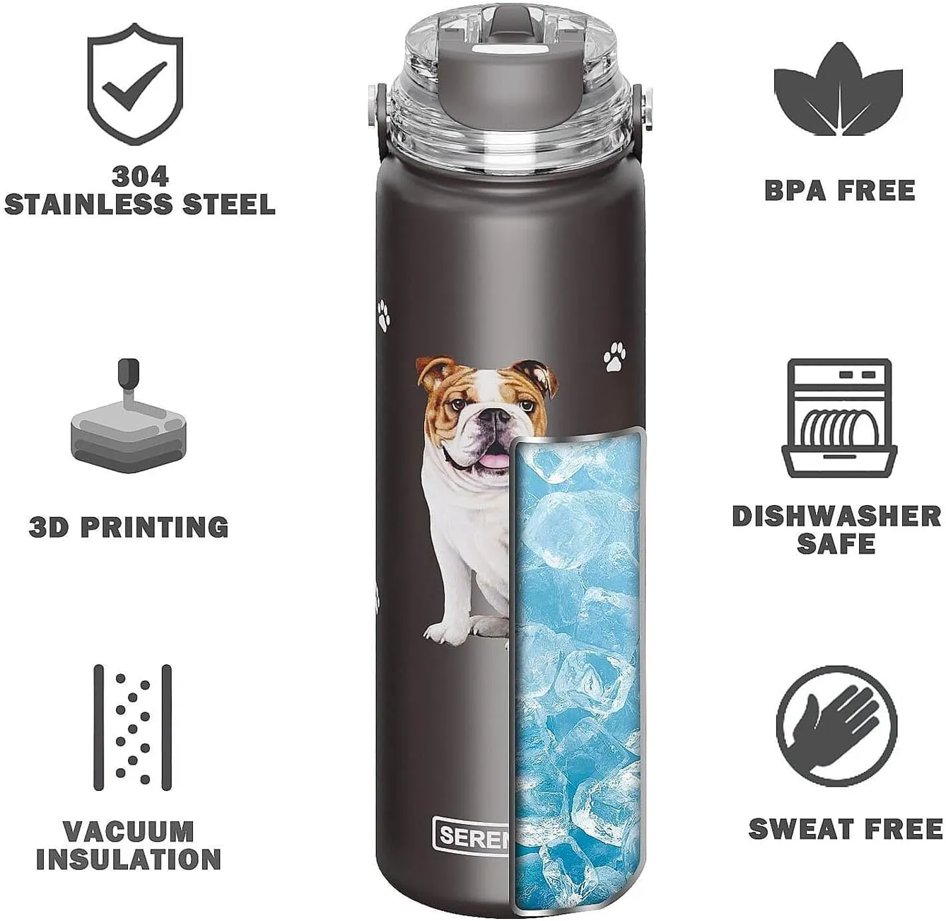 SERENGETI 24 Oz Water Bottle Stainless Steel with Spill Proof Lid - Double walled Vacuum Insulated water flask - Realistic 3D Print of your favorite dog (Australian Cattle Dog)