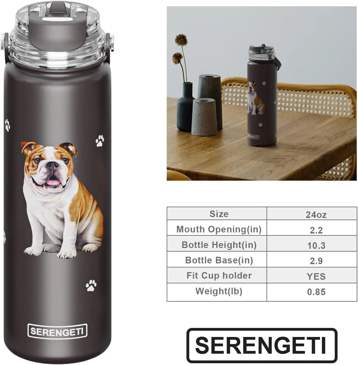SERENGETI 24 Oz Water Bottle Stainless Steel with Spill Proof Lid - Double walled Vacuum Insulated water flask - Realistic 3D Print of your favorite dog (Australian Cattle Dog)