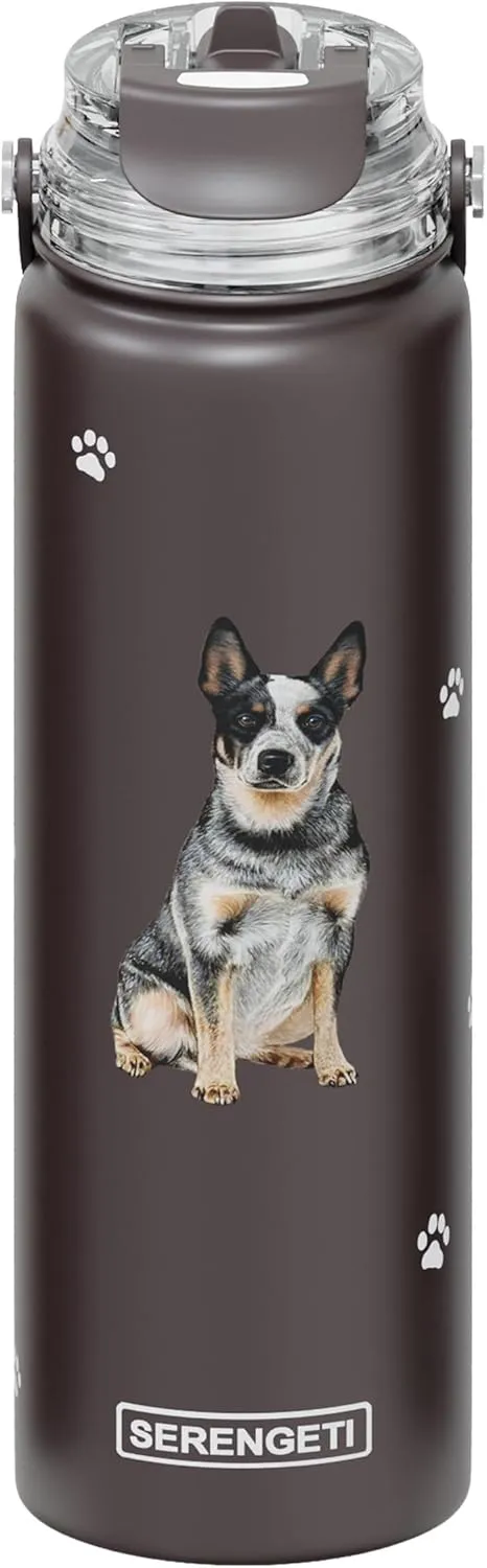 SERENGETI 24 Oz Water Bottle Stainless Steel with Spill Proof Lid - Double walled Vacuum Insulated water flask - Realistic 3D Print of your favorite dog (Australian Cattle Dog)