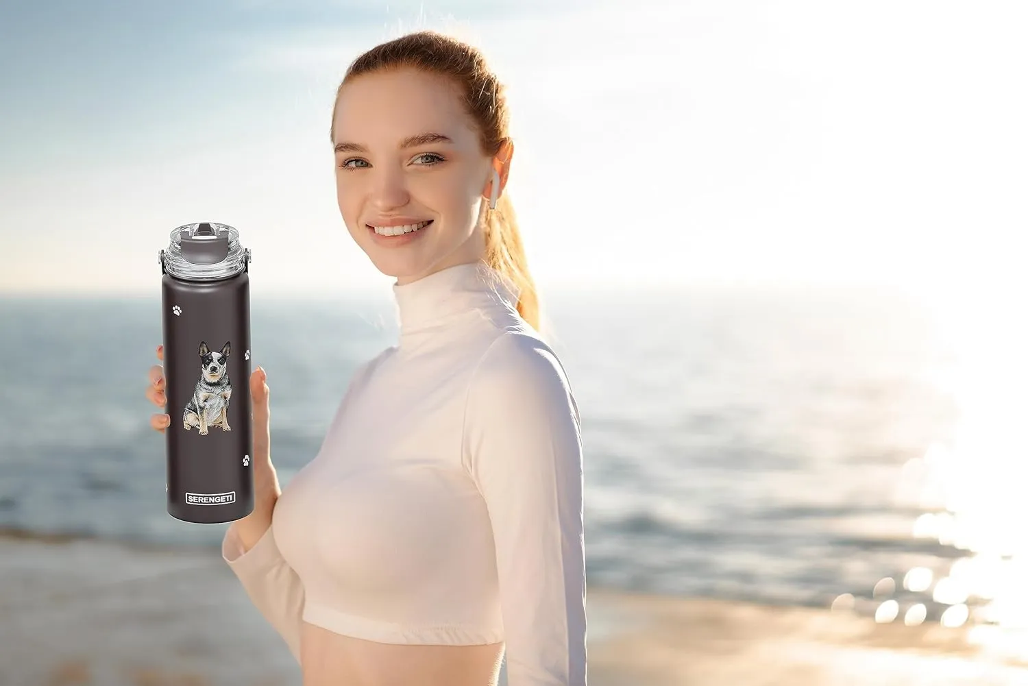 SERENGETI 24 Oz Water Bottle Stainless Steel with Spill Proof Lid - Double walled Vacuum Insulated water flask - Realistic 3D Print of your favorite dog (Australian Cattle Dog)