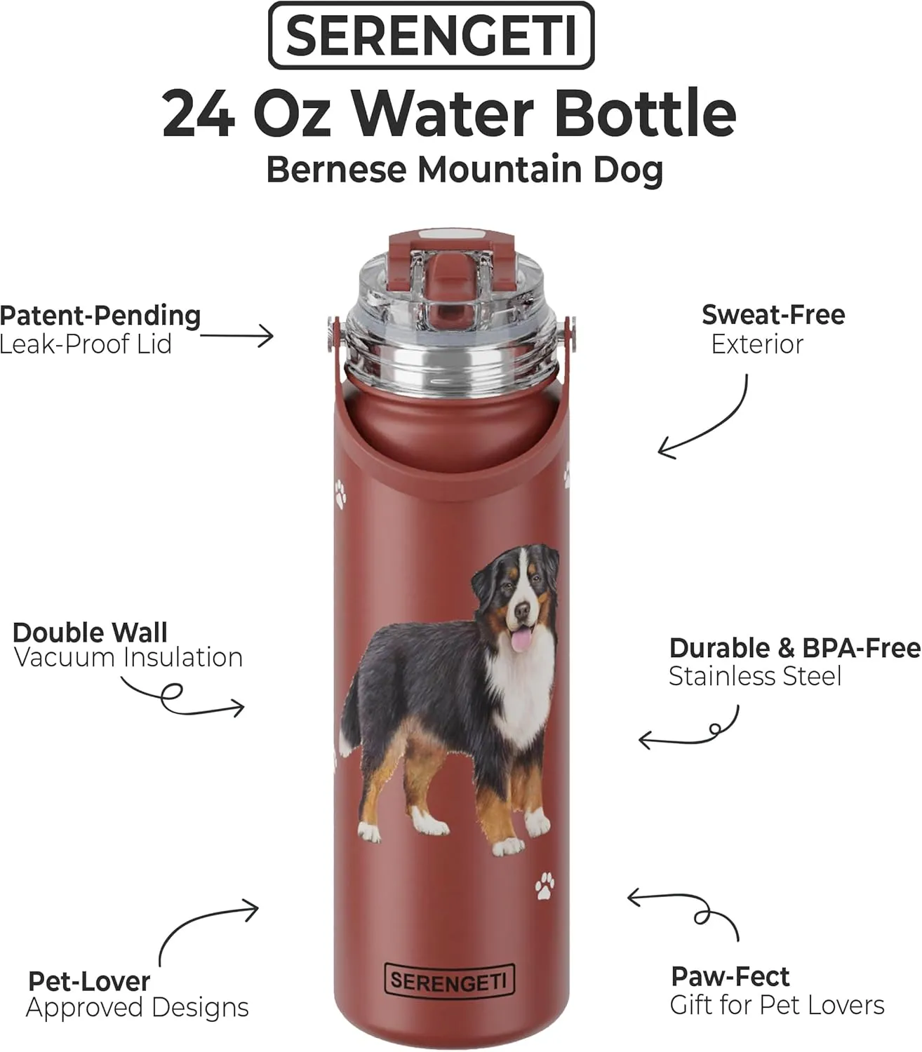 SERENGETI 24 Oz Water Bottle Stainless Steel with Spill Proof Lid - Double walled Vacuum Insulated water flask - Realistic 3D Print of your favorite dog (Bernese Mt. Dog)