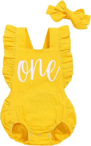 Shalofer Baby Girl First Birthday Outfit 1st Birthday Bodysuit with Headband
