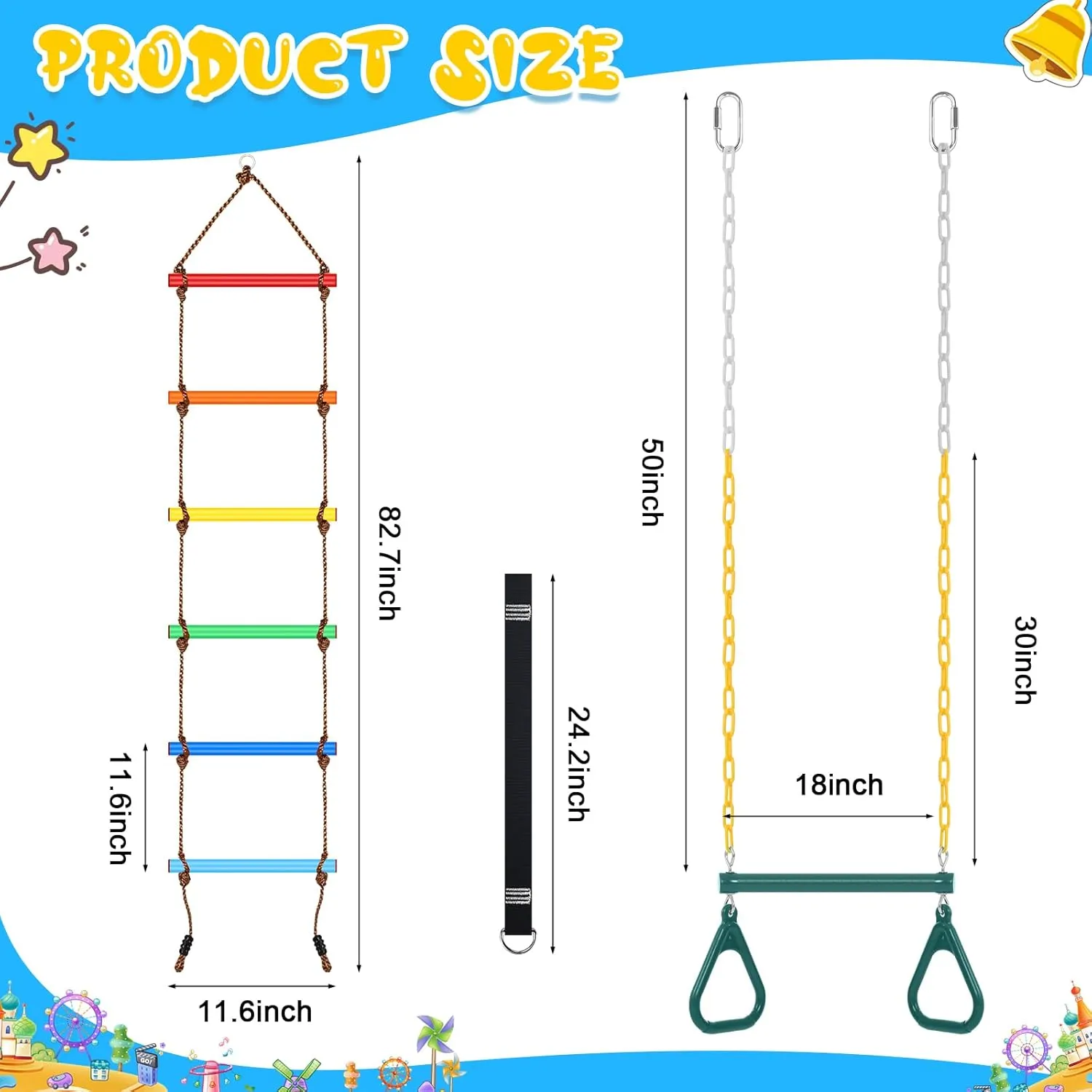 ShinyRelief 2 Pack Gym Swing Sets 48'' Trapeze Swing Bar Monkey Bar Heavy Duty Chain with Locking 6.8ft Climbing Rope Ladder Climbing Game for Accessories Tree House Playground Outdoor Play(Green)