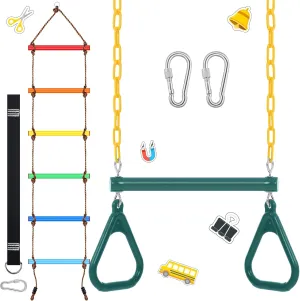 ShinyRelief 2 Pack Gym Swing Sets 48'' Trapeze Swing Bar Monkey Bar Heavy Duty Chain with Locking 6.8ft Climbing Rope Ladder Climbing Game for Accessories Tree House Playground Outdoor Play(Green)