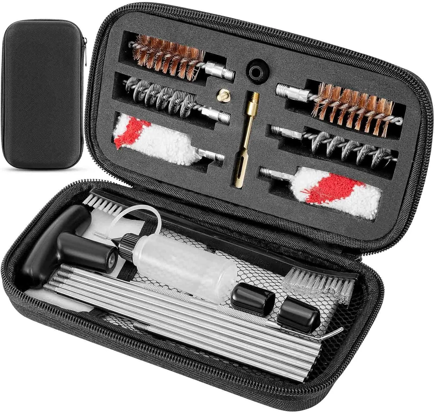 Shotgun Cleaning Kit for 12 Gauge, 12 GA Bronze and Spring Bore Brushes, Cotton Mops, Nylon Brush, Cleaning Pick, Brass Patch Holder, 33 inch Cleaning Rods with Zippered Compact Case