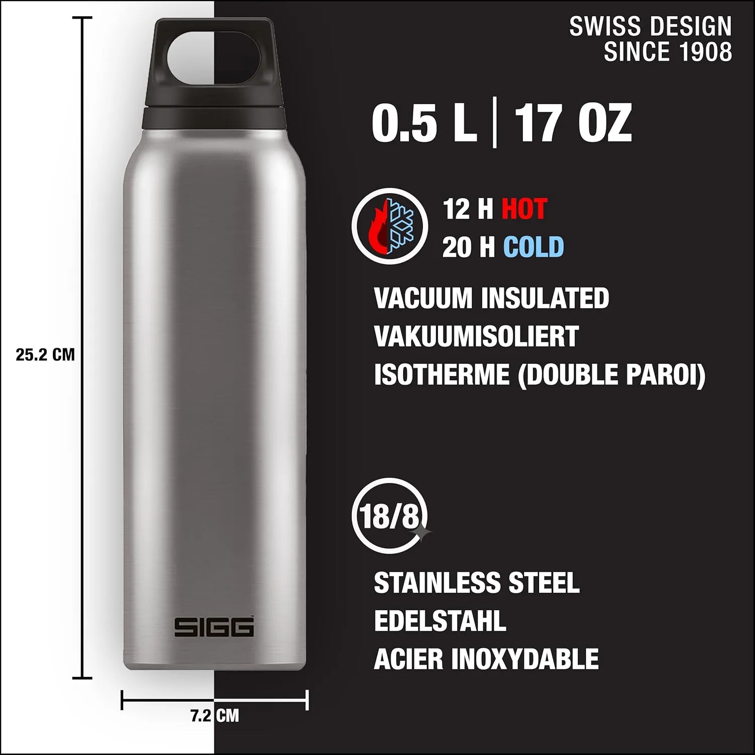 SIGG - Insulated Water Bottle - Thermo Flask Hot & Cold - Leakproof - BPA Free - 18/8 Stainless Steel - 17 Oz