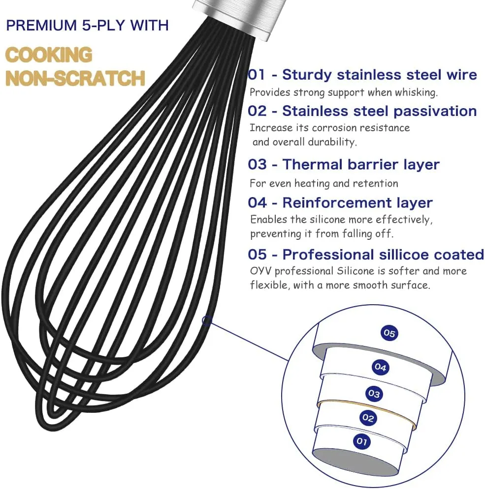 Silicone Whisk,3 pack Professional whisks for cooking non scratch,Stainless Steel & Silicone wisk,plastic rubber whisk for nonstick cookware,small silicone whisk set,black