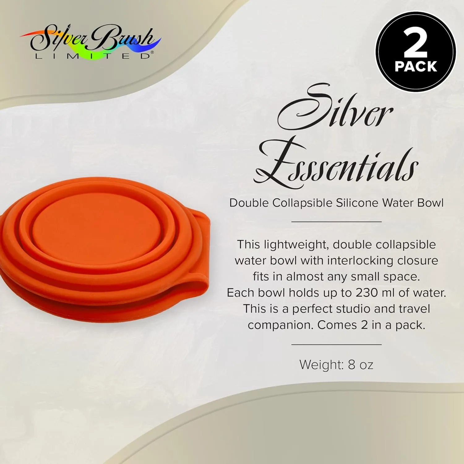 Silver Brush Limited 9055 Silver Essentials Double 230ml Collapsible Water Bowl with Closure, Leak-Proof Paint Brush Water Cup for Water Media Painting, for Studio, Travel, and Plein Air, 2 Pack