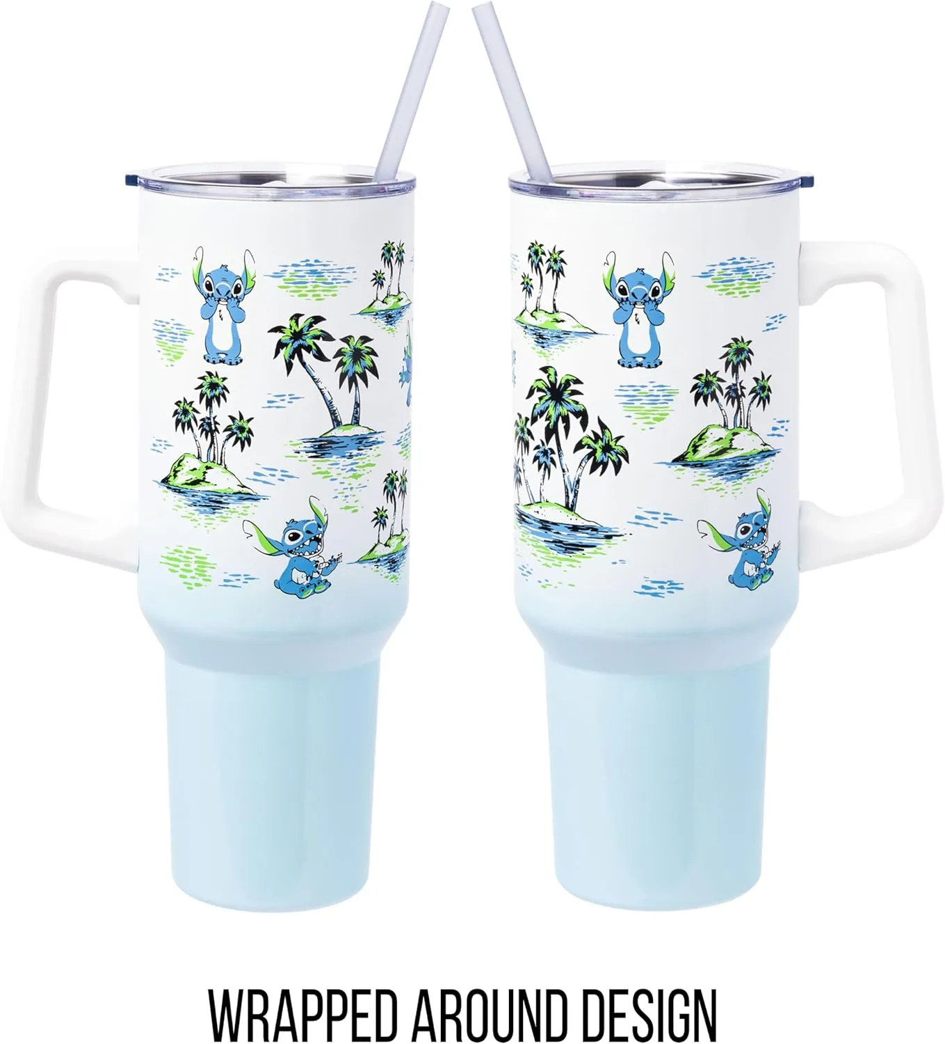 Silver Buffalo Disney Lilo and Stitch Vintage Sketch Palm Trees and Flowers Stainless Steel Tumbler with Handle and Straw, Fits in Standard Cup Holder, 40 Ounces
