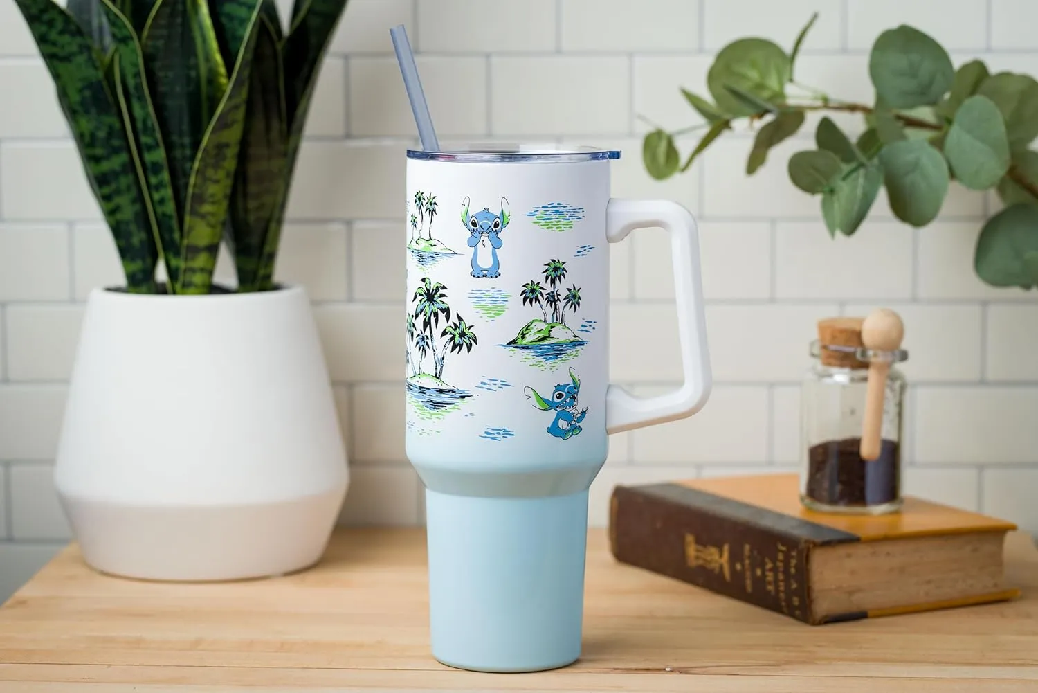 Silver Buffalo Disney Lilo and Stitch Vintage Sketch Palm Trees and Flowers Stainless Steel Tumbler with Handle and Straw, Fits in Standard Cup Holder, 40 Ounces