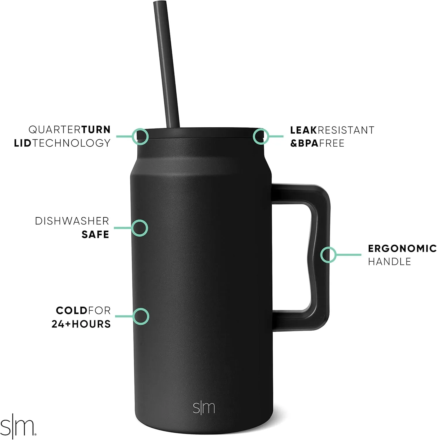 Simple Modern 50 oz Mug Tumbler with Handle and Straw Lid | Reusable Insulated Stainless Steel Large Water Bottle | Gifts for Women Men Him Her | Trek Collection | 50oz | Midnight Black