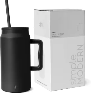 Simple Modern 50 oz Mug Tumbler with Handle and Straw Lid | Reusable Insulated Stainless Steel Large Water Bottle | Gifts for Women Men Him Her | Trek Collection | 50oz | Midnight Black