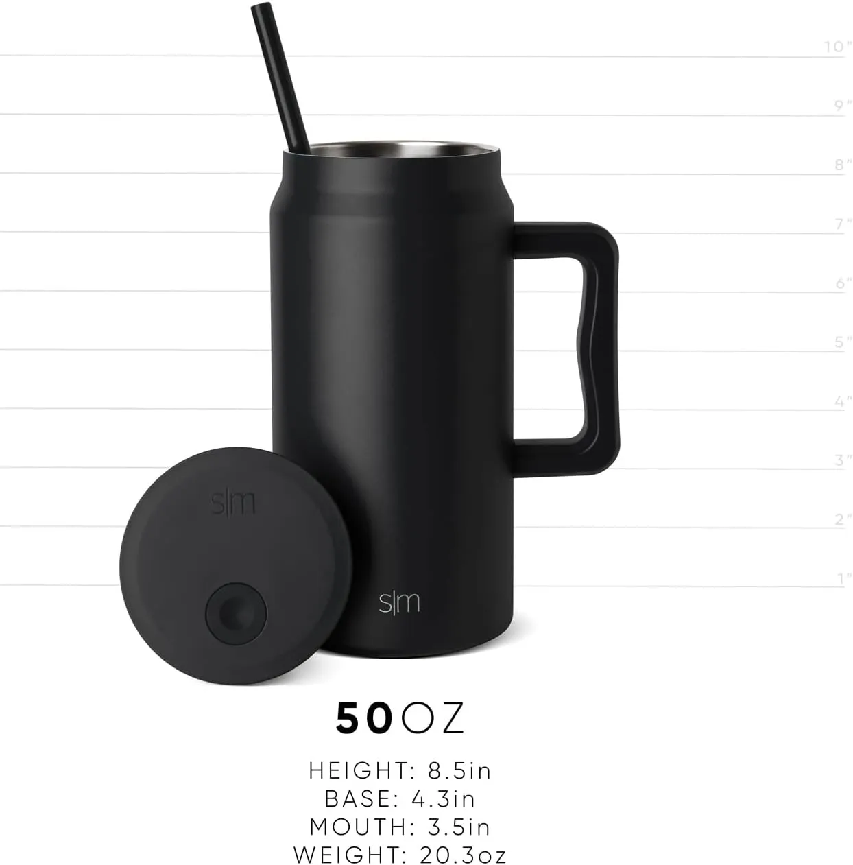 Simple Modern 50 oz Mug Tumbler with Handle and Straw Lid | Reusable Insulated Stainless Steel Large Water Bottle | Gifts for Women Men Him Her | Trek Collection | 50oz | Midnight Black