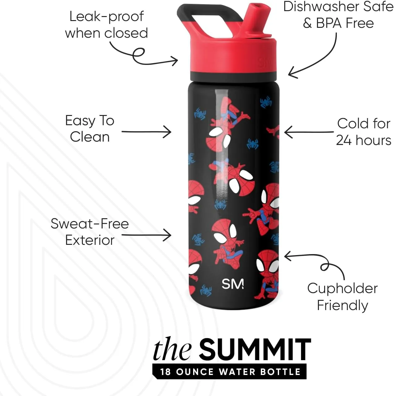 Simple Modern Kids Summit Water Bottle with Straw Lid | Marvel Spider Man 18oz Stainless Steel Cup Insulated Tumbler for Boys, Girls, School | Go Spidey Go