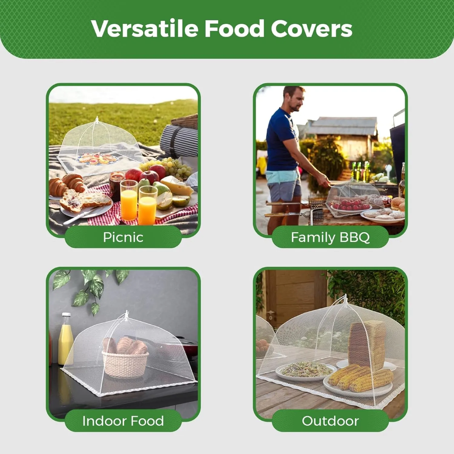 Simply Genius 6 Pack Pop-Up Mesh Food Covers Tent Umbrella for Outdoors, 2 Jumbo (39" x 24") & 4 Large (17”x17”) Reusable & Collapsible Picnic Accessories Outdoor Food Covers for Outdoor Parties