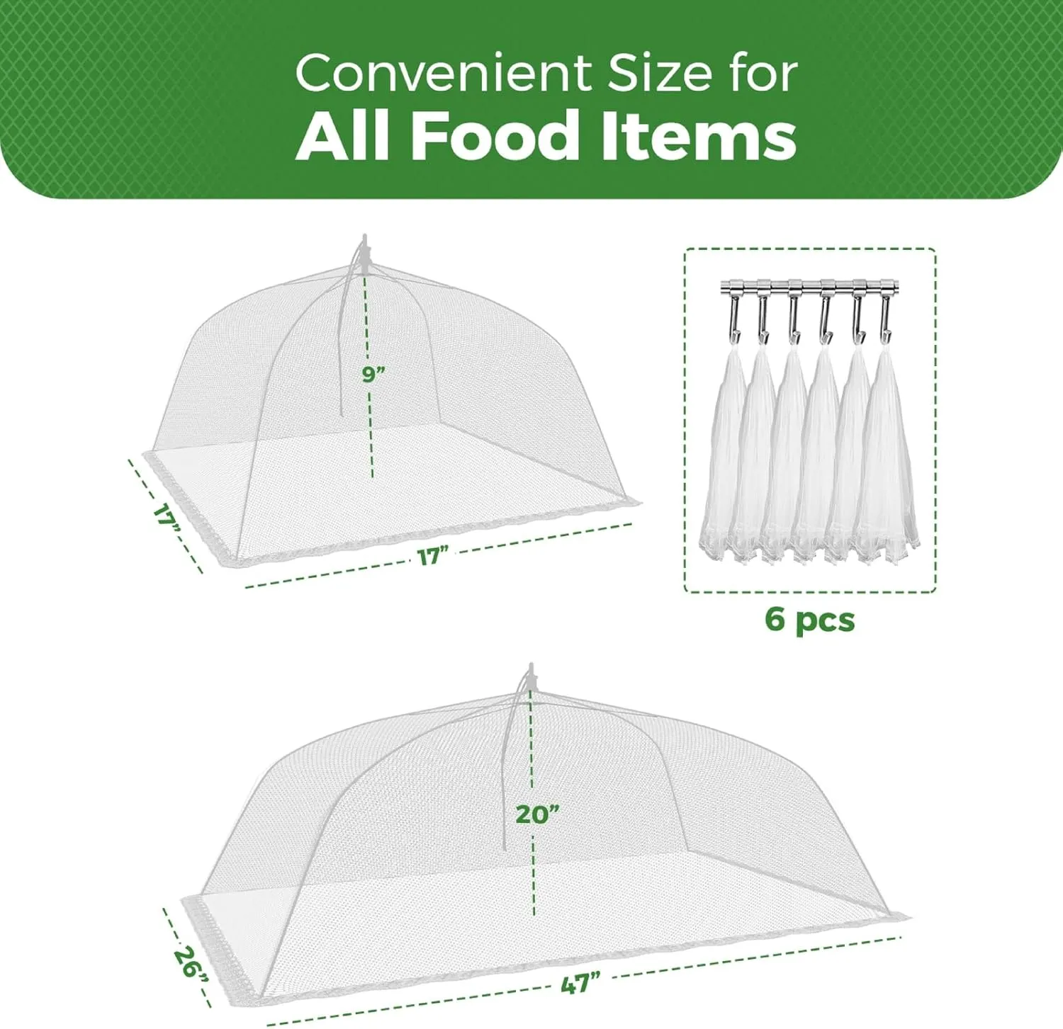 Simply Genius 6 Pack Pop-Up Mesh Food Covers Tent Umbrella for Outdoors, 2 Jumbo (39" x 24") & 4 Large (17”x17”) Reusable & Collapsible Picnic Accessories Outdoor Food Covers for Outdoor Parties