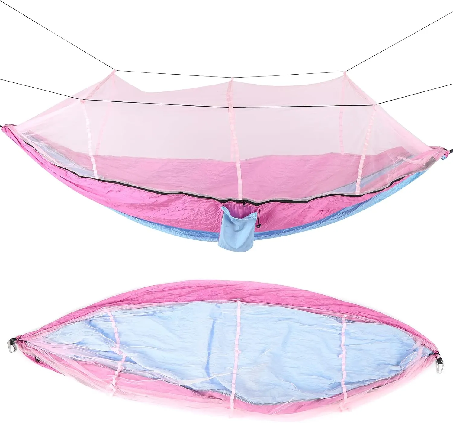Single Double Camping Hammock with Mosquito Net Portable Lightweight Tree Straps Hammock Camping Hammocks for Adults Outdoor Hammock Camping Gear Portable (Light Blue and Pink mesh)