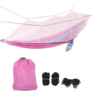 Single Double Camping Hammock with Mosquito Net Portable Lightweight Tree Straps Hammock Camping Hammocks for Adults Outdoor Hammock Camping Gear Portable (Light Blue and Pink mesh)