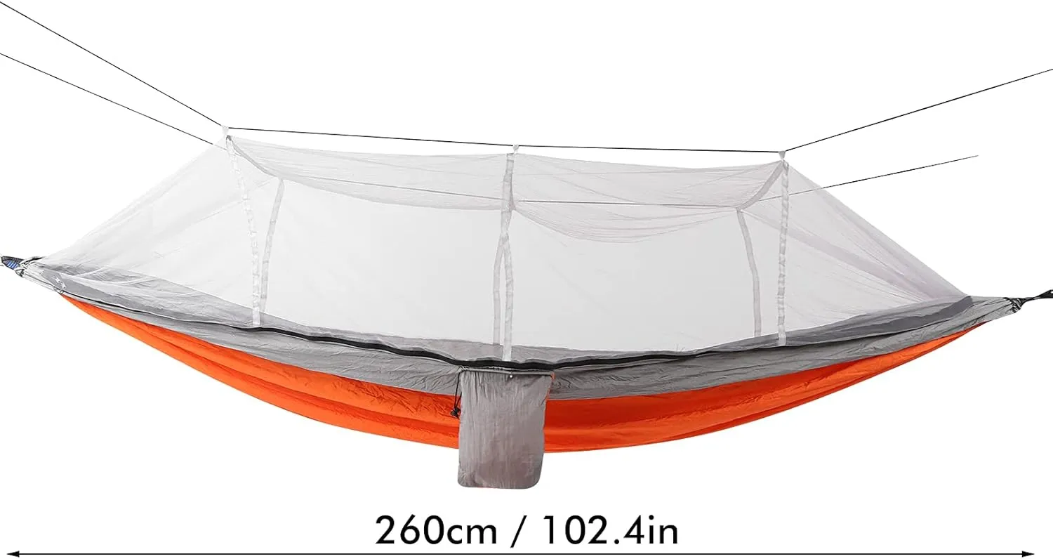 Single Double Camping Hammock with Mosquito Net Portable Lightweight Tree Straps Hammock Camping Hammocks for Adults Outdoor Hammock Camping Gear Portable (Orange and Gray mesh)