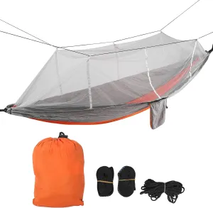Single Double Camping Hammock with Mosquito Net Portable Lightweight Tree Straps Hammock Camping Hammocks for Adults Outdoor Hammock Camping Gear Portable (Orange and Gray mesh)