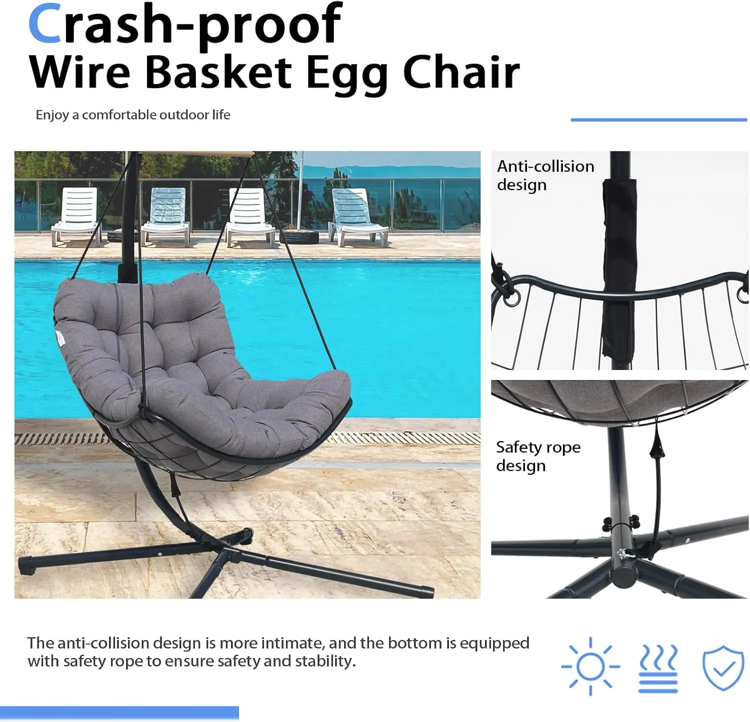 Single Hanging Swing Egg Chair with Stand, Polyester Static Rope   Wire Netting, with Thickened Uv Resistant Removable Cushions, 350lbs Capacity for Living Room Bedroom Balcony Patio Xmas Gift (Gray)