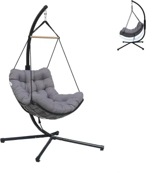 Single Hanging Swing Egg Chair with Stand, Polyester Static Rope   Wire Netting, with Thickened Uv Resistant Removable Cushions, 350lbs Capacity for Living Room Bedroom Balcony Patio Xmas Gift (Gray)