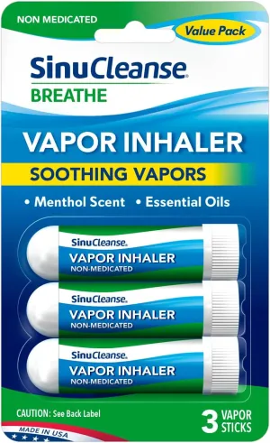 SinuCleanse Vapor Inhaler, Made in USA, Portable, On-The-Go, Non-Medicated, Refreshing Vapors, Pack of 3 Vapor Sticks