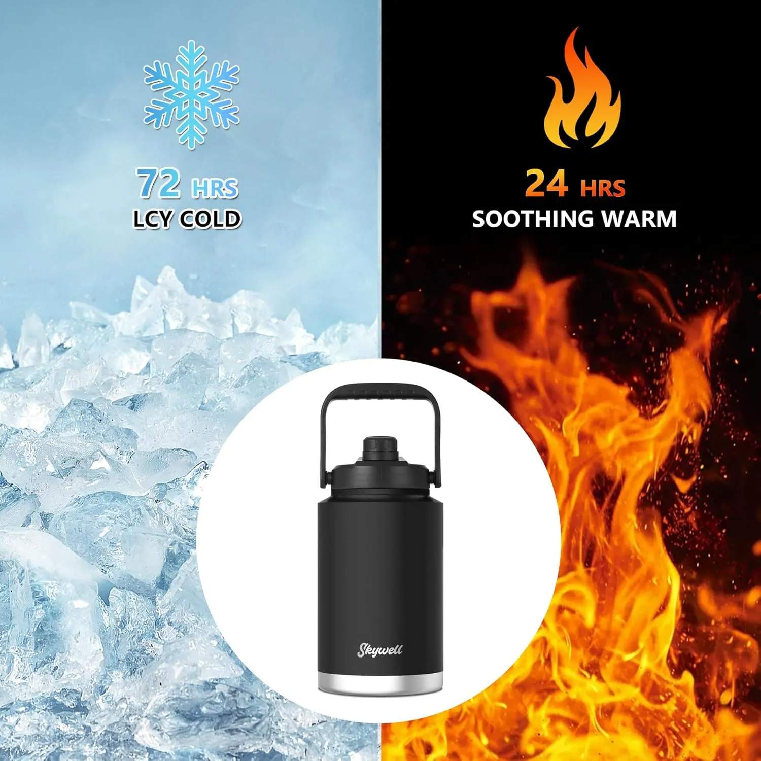 SkyWell 1 Gallon Insulated Water Bottle with Handle and Wide Mouth Water Flask Sweat-Proof and Leak-Proof 128 Oz Stainless Steel Water Jug for Outdoors, Black