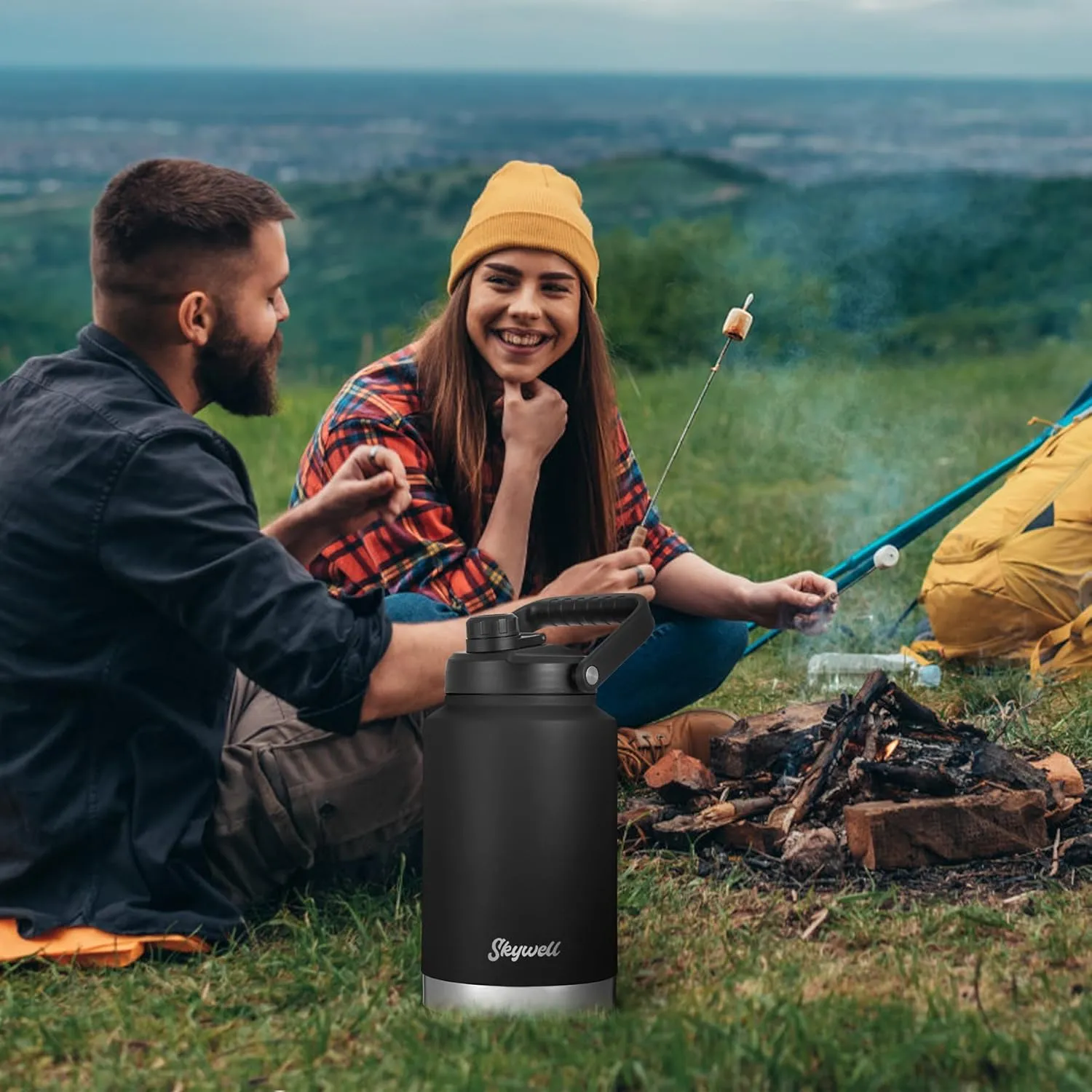 SkyWell 1 Gallon Insulated Water Bottle with Handle and Wide Mouth Water Flask Sweat-Proof and Leak-Proof 128 Oz Stainless Steel Water Jug for Outdoors, Black