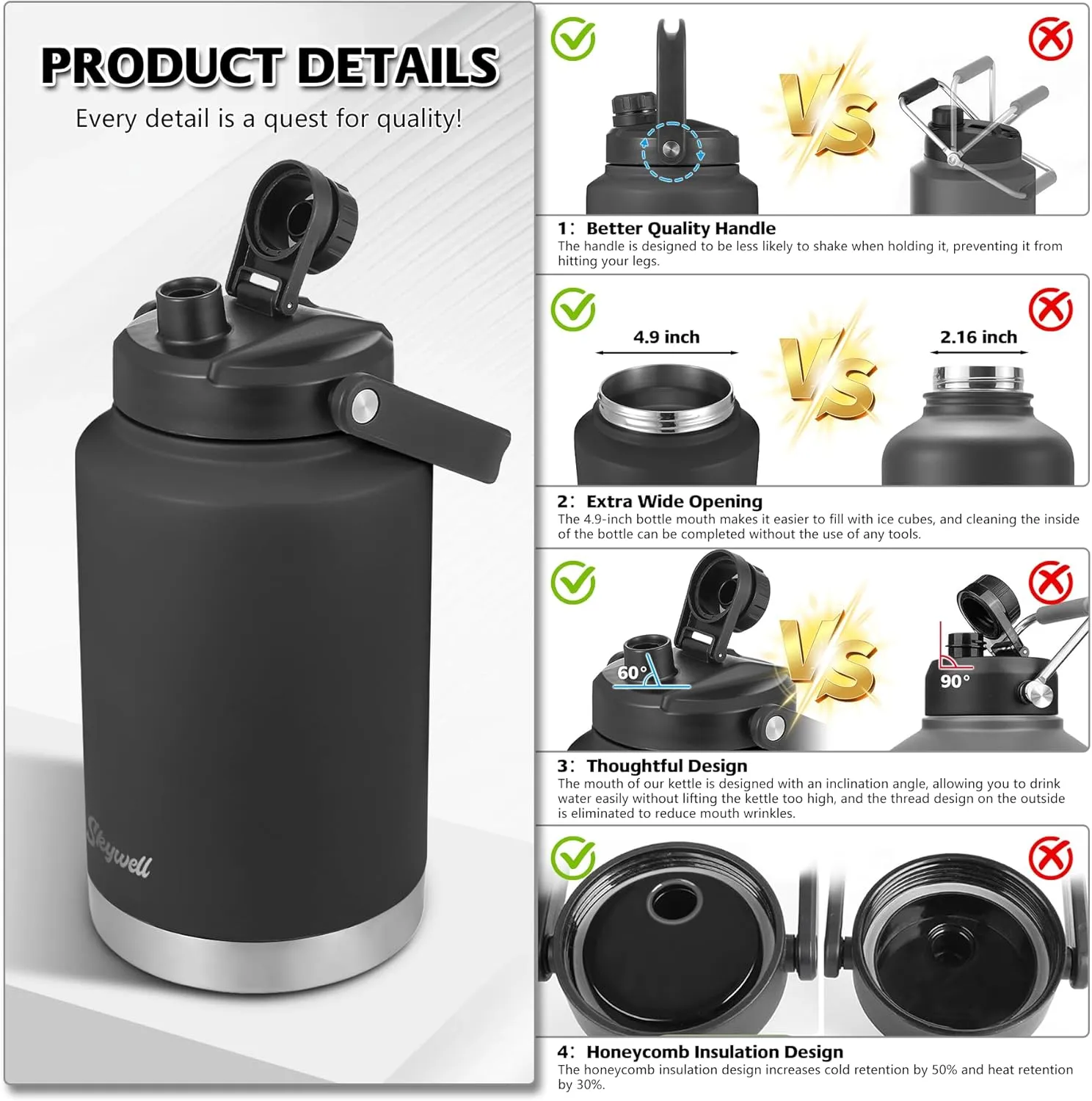 SkyWell 1 Gallon Insulated Water Bottle with Handle and Wide Mouth Water Flask Sweat-Proof and Leak-Proof 128 Oz Stainless Steel Water Jug for Outdoors, Black