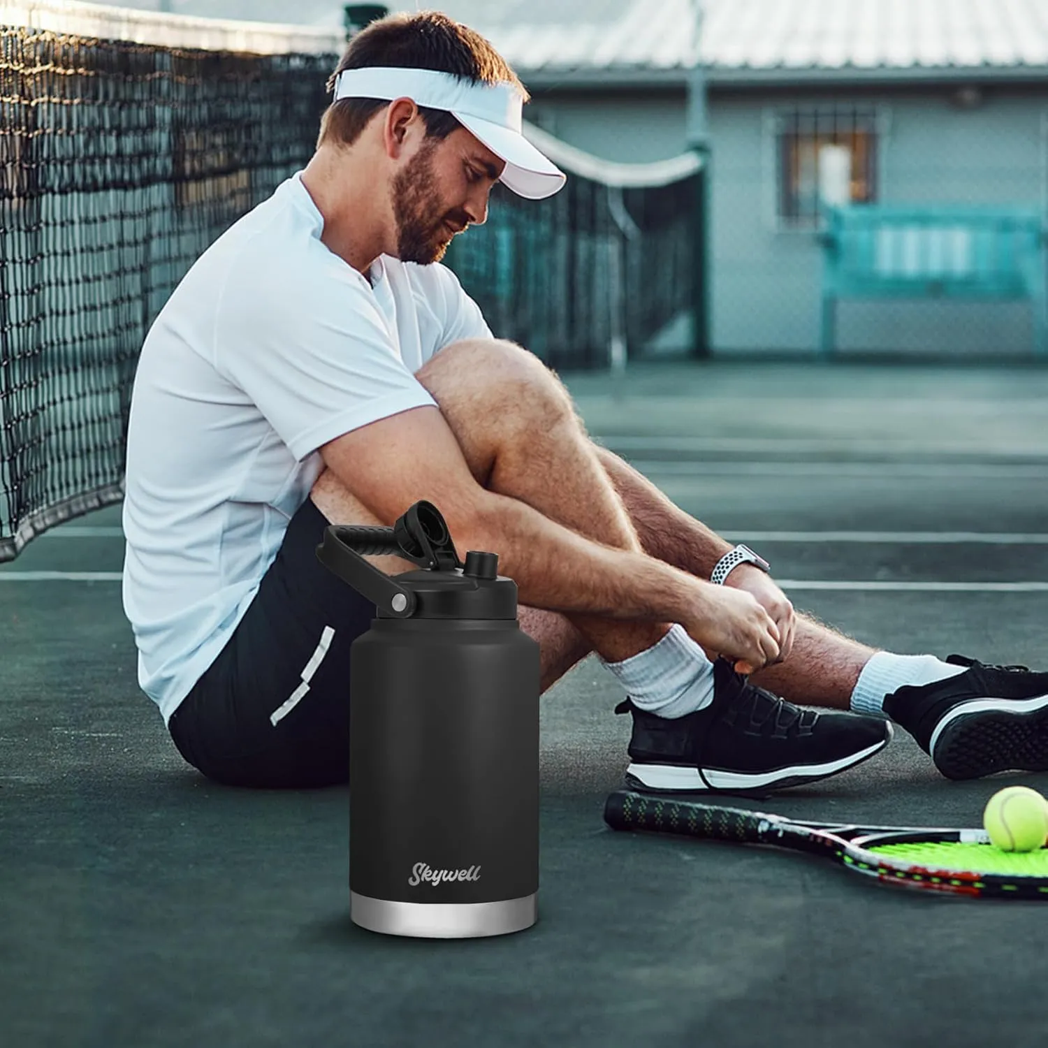 SkyWell 1 Gallon Insulated Water Bottle with Handle and Wide Mouth Water Flask Sweat-Proof and Leak-Proof 128 Oz Stainless Steel Water Jug for Outdoors, Black