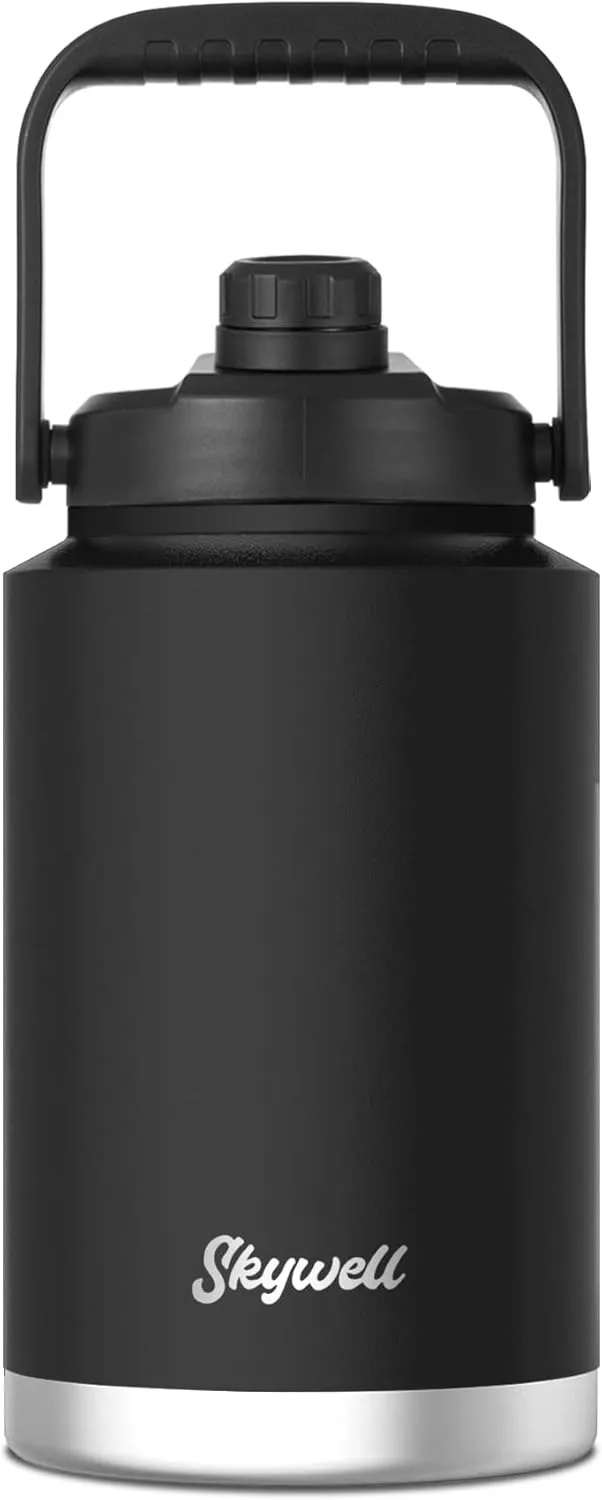 SkyWell 1 Gallon Insulated Water Bottle with Handle and Wide Mouth Water Flask Sweat-Proof and Leak-Proof 128 Oz Stainless Steel Water Jug for Outdoors, Black
