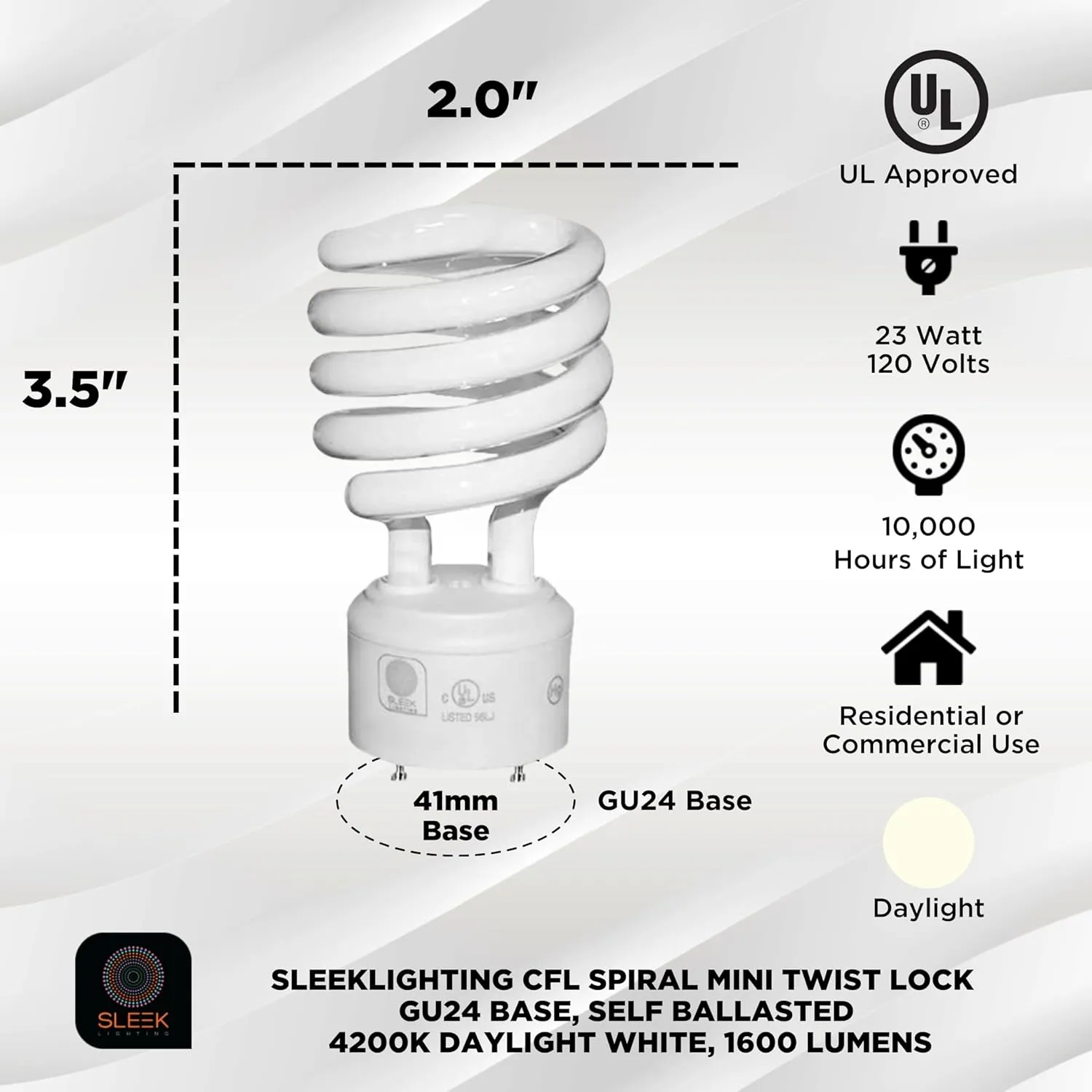SLEEKLIGHTING - GU24 23Watt 2 Prong Light Bulbs- UL approved-120v 60Hz - Mini Twist Lock Spiral -Self Ballasted CFL Fluorescent Bulbs- 4200K 1600lm Cool White 4pack (100 Watt Equivalent)