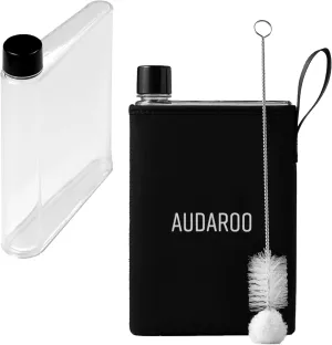 Slim Flat Water Bottle For Purse, Travel, Work, Gym - BPA-Free 14.2 oz Leakproof Plastic Flask with Cleaning Brush & Neoprene Sleeve - Portable A5 Water Bottle For Handbags, Backpacks, Office