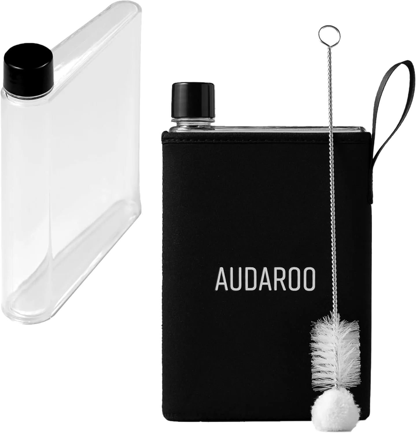 Slim Flat Water Bottle For Purse, Travel, Work, Gym - BPA-Free 14.2 oz Leakproof Plastic Flask with Cleaning Brush & Neoprene Sleeve - Portable A5 Water Bottle For Handbags, Backpacks, Office