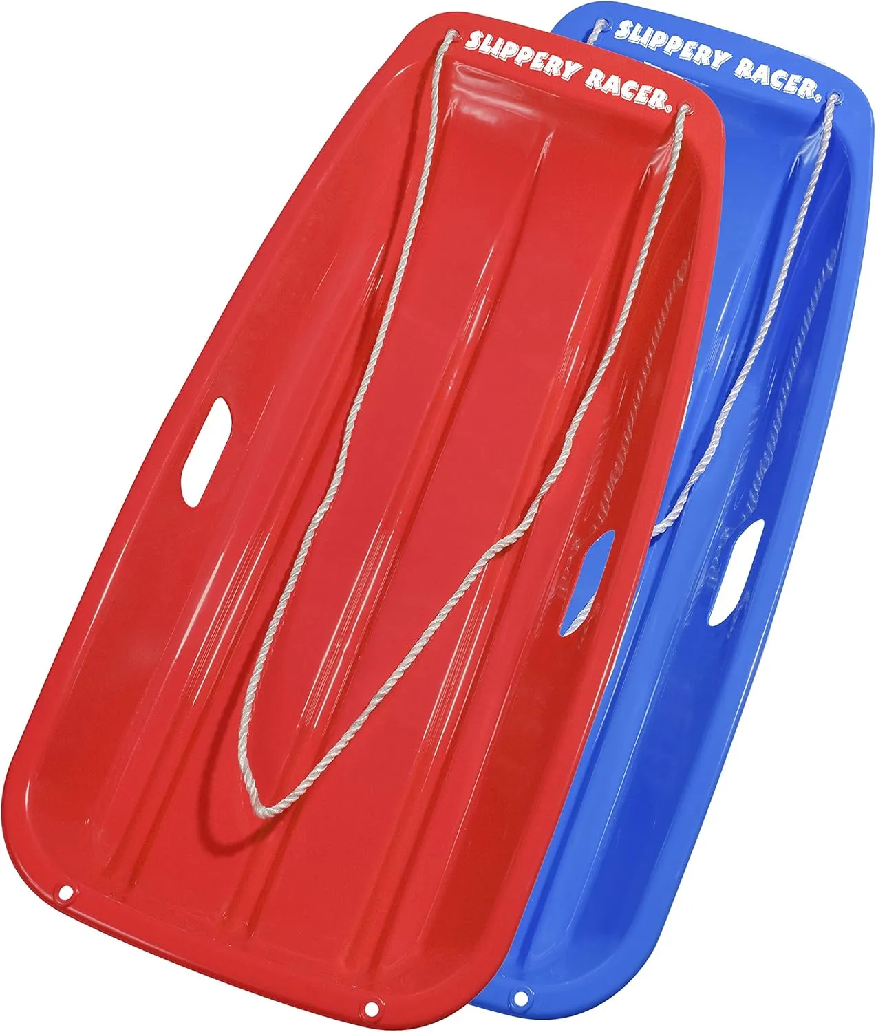 Slippery Racer Downhill Sprinter Flexible Kids Toddler Plastic Toboggan Snow Sled with Pull Rope for 1 Adult or Kid Rider, Red and Blue (2 Pack)