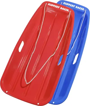 Slippery Racer Downhill Sprinter Flexible Kids Toddler Plastic Toboggan Snow Sled with Pull Rope for 1 Adult or Kid Rider, Red and Blue (2 Pack)