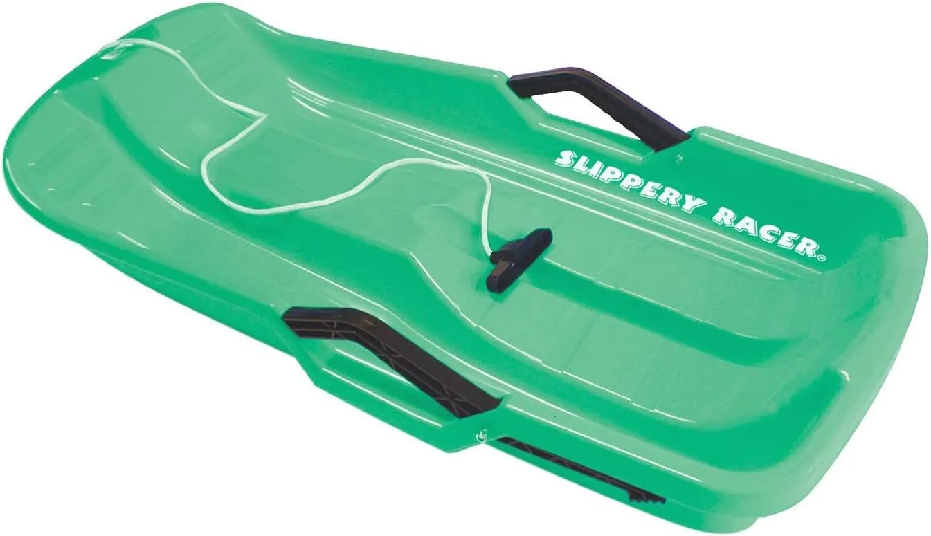 Slippery Racer Downhill Thunder Flexible Kids Toddler Plastic Toboggan Snow Sled with Built in Brake System, Pull Rope, & Handle Grips