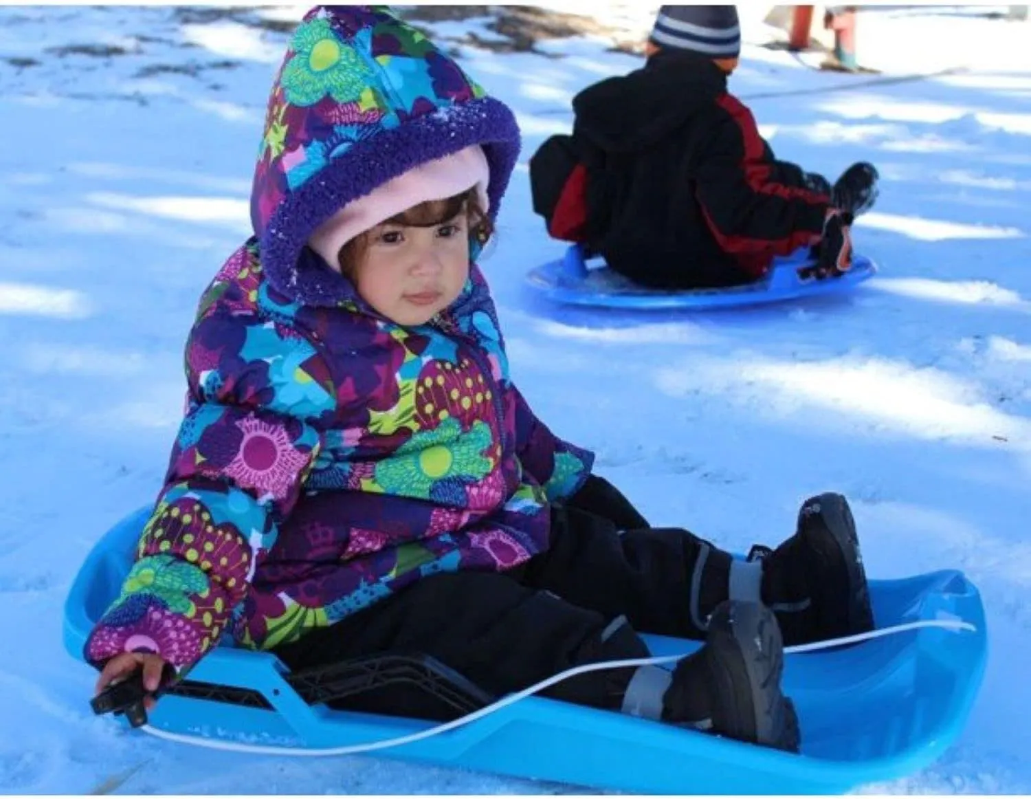 Slippery Racer Downhill Thunder Flexible Kids Toddler Plastic Toboggan Snow Sled with Built in Brake System, Pull Rope, & Handle Grips
