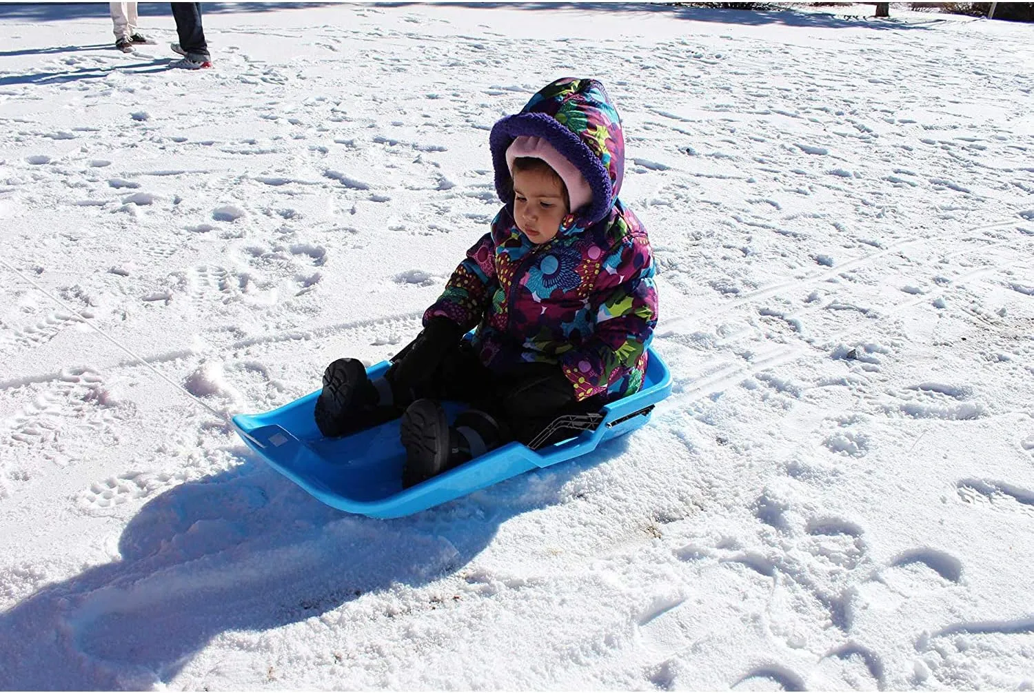 Slippery Racer Downhill Thunder Flexible Kids Toddler Plastic Toboggan Snow Sled with Built in Brake System, Pull Rope, & Handle Grips