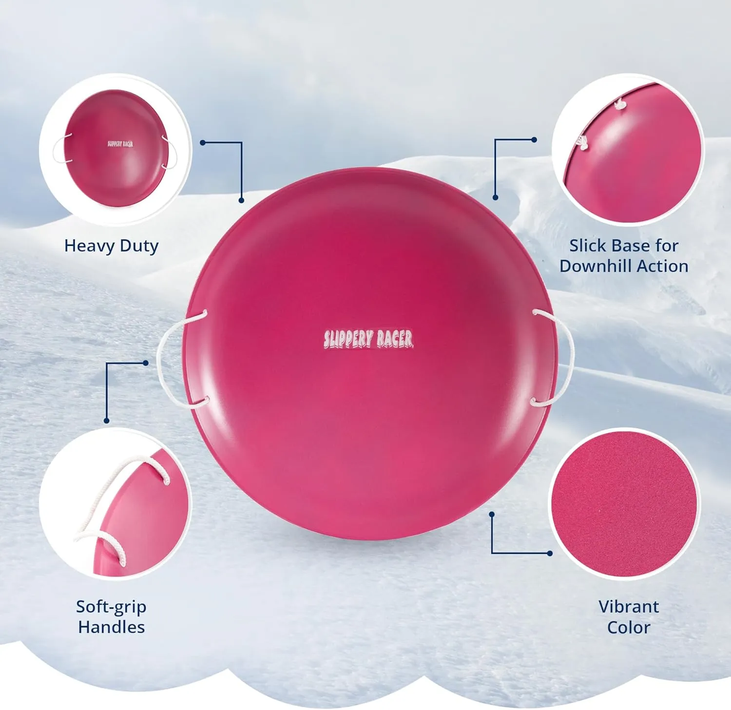 Slippery Racer ProDisc 26 Inch Heavy Duty Aluminum Iron Alloy Metal Kids Winter Saucer Snow Sled with Dual Riveted Soft Grip Rope Handles