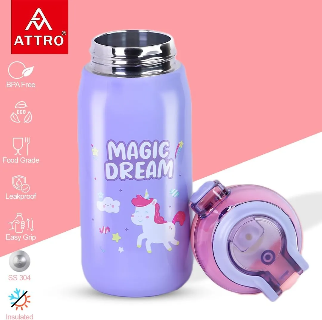 Smart Sipper Insulated Steel Bottle with Unicorn Eye-catching Print Stylish & Functional Easy to Carry with Handle Food Grade,Leakproof-Ideal for Office,School,Outdoor-500ml Unicorn Lavender